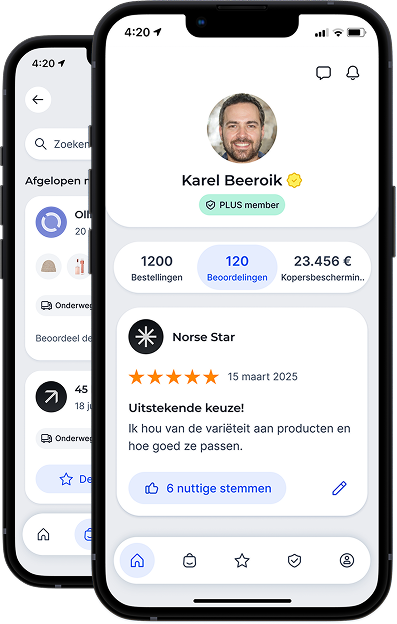 Twee telefoons laten een profiel van een fictief lid van de Community of Trust zien in de app-weergave.