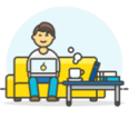 Illustratie van een persoon die op een gele bank zit, met een laptop op schoot en een koffietafel ervoor met een hete mok en een stapel boeken erop