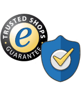 Het Trusted Shops icoontje met de tekst "Trusted Shops guarantee" en een blauw schild met een geel vinkje, om de kopersbescherming van Trusted Shops aan te duiden