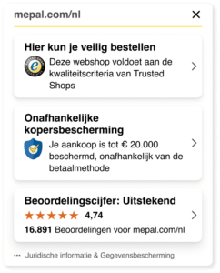 Screenshot van de geopende Trustbadge, de Trustcard, van Mepal